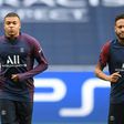 Kylian Mbappe and Neymar at Paris Saint-Germain's training session in Lisbon on Tuesday, on the eve of their Champions League quarter-final against Atalanta