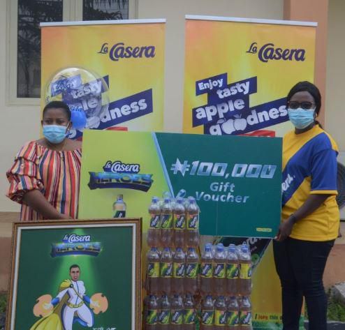 L-R: Solar Bella; Dr Nifemi Bella and Senior Brand Manager, The La Casera Company, Ruth Ode at the gift presentation in Lagos State.