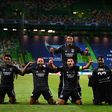 Lyon players celebrate after beating Manchester City to reach the semi-finals of the Champions League for just the second time