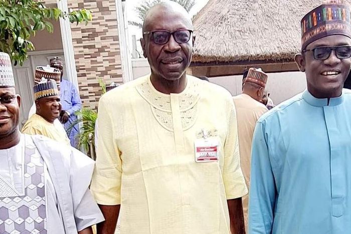 R-L: Gov. Mai Mala Buni, Chairman All Progressives Congress (APC), Caretaker and Extra-Ordinary National Convention Planning Committee, APC governorship candidate in Edo, Pastor Osagie Ize-Iyamu and Kogi state Governor, Yahaya Bello. [Twitter/@DeeOneAy...