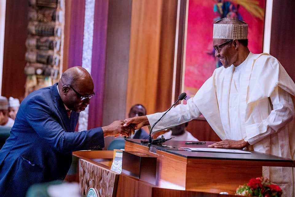 President Muhammadu Buhari and Prof. Bolaji Owasanoye, Chairman, Independent Corrupt Practices and other related offences Commission (ICPC) [@Opeedo]