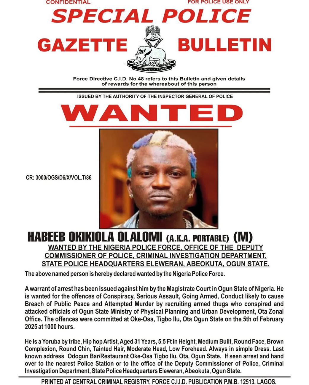 Portable surrenders to Lagos State police after being declared wanted in Ogun