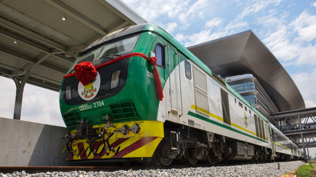 A newly commissioned air-conditioned first-class coach railway is seen at Mobolaji Johnson Railway Station in Ebutemeta, Lagos, Nigeria, on June 10, 2021. [Olukayode Jaiyeola/NurPhoto via Getty Images]
