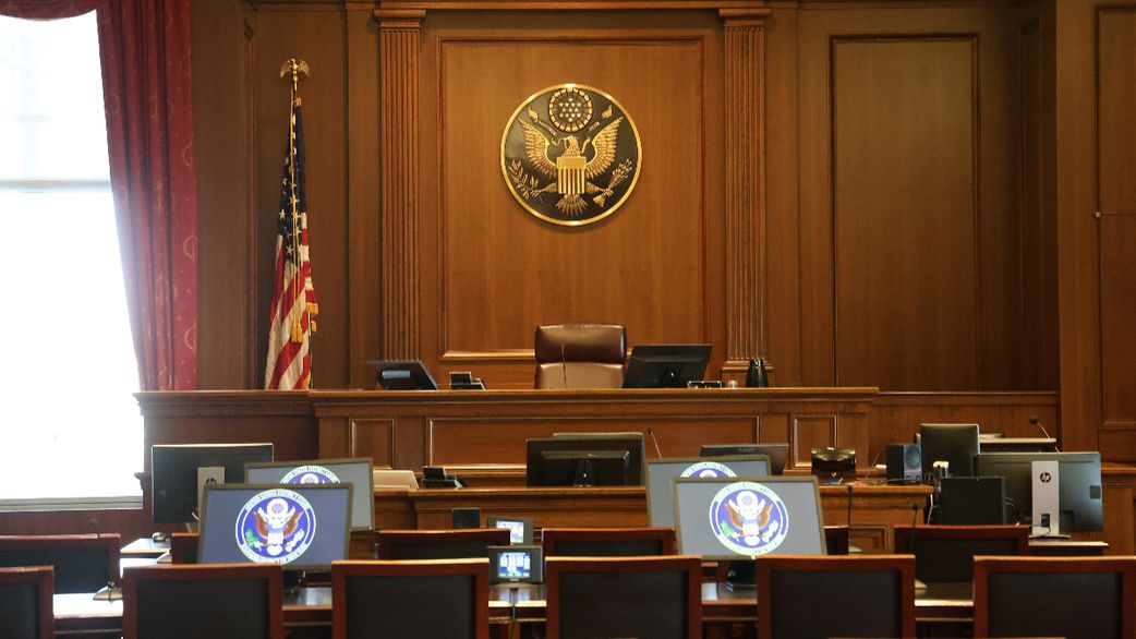 View of the judge's bench from the audience inside a federal courtroom similar to the room where the Sean Combs sex trafficking trial is being held in Federal District Court in New York City. [Jefferson Siegel-Pool/Getty Images]
