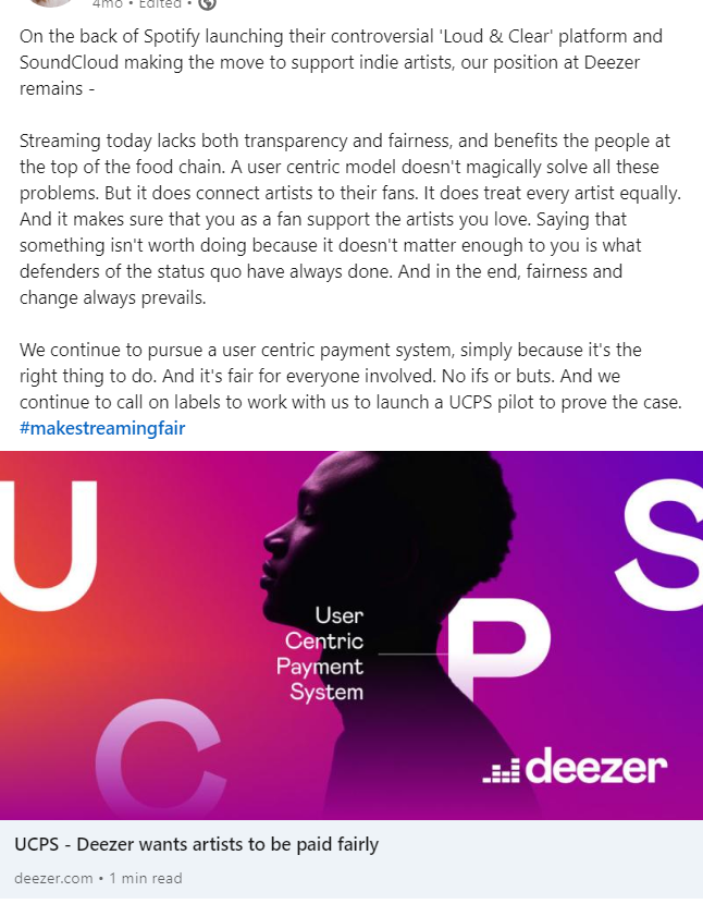 Deezer's vs. Spotify and Soundcloud over the course of 2021. (LinkedIn)