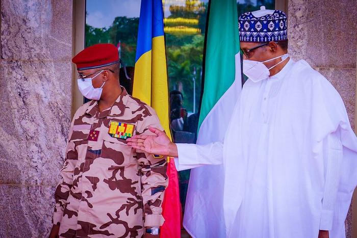 President Muhammadu Buhari meets with Gen. Mahamat Idriss Deby, President of Chad’s Transitional Military Council. [Presidency]