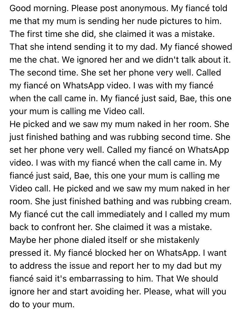 “My mom sent nude photos to my fiancé & called him on WhatsApp video while naked” - Lady