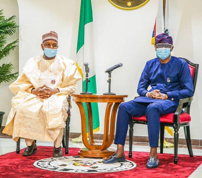 L-R: Chairman, Progressive Governors Forum (PGF), Atiku Bagudu and Lagos State Governor, Babajide Sanwo-Olu during the PGF delegations visit to Lagos on Tuesday. [Twitter/@followlasg]