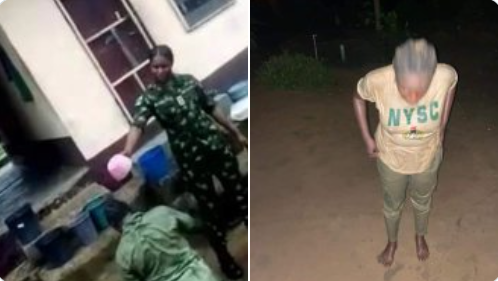 Nigerian soldier caught on camera bathing a corps member with dirty water in Calabar (Agba Jalingo/Twitter)