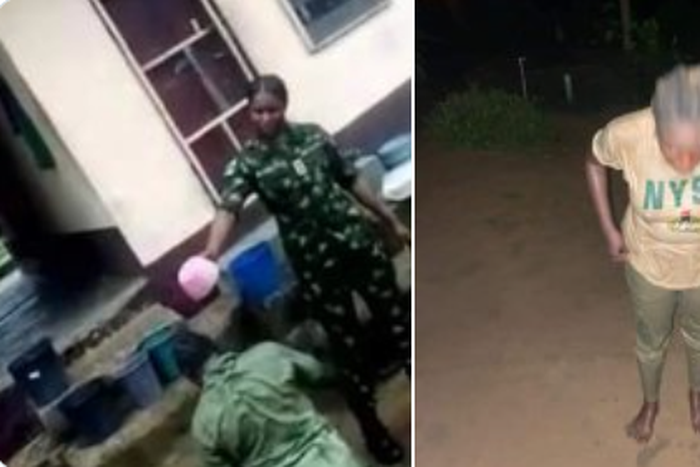 Nigerian soldier caught on camera bathing a corps member with dirty water in Calabar (Agba Jalingo/Twitter)