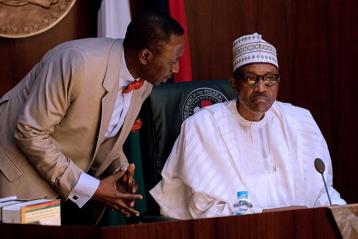 President Muhammadu Buhari with National Security Adviser Babagana Monguno before the commencement of the Federal Executive Council (FEC) meeting on Thursday, October 26, 2017
