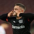 Leverkusen forward Florian Wirtz celebrates scoring against Cologne on Wednesday in a 4-0 win which kept his team top of the Bundesliga