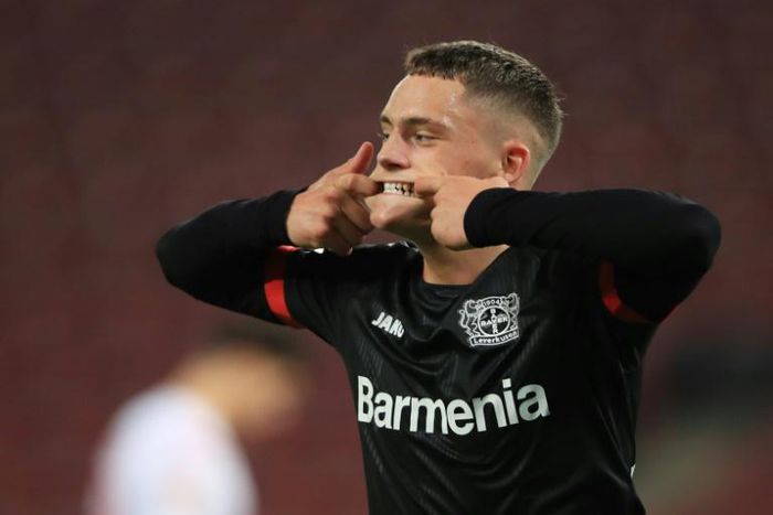 Leverkusen forward Florian Wirtz celebrates scoring against Cologne on Wednesday in a 4-0 win which kept his team top of the Bundesliga