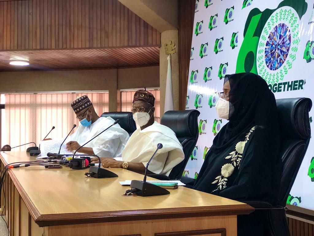 Ministers of Communications and Digital Economy, Isa Pantami, Information and Culture, Lai Mohammed, Humanitarian Affairs, Sadiya Farouq at a media briefing to announce activities lined-up for Nigeria@60 celebrations. [Twitter/@FMICNigeria]