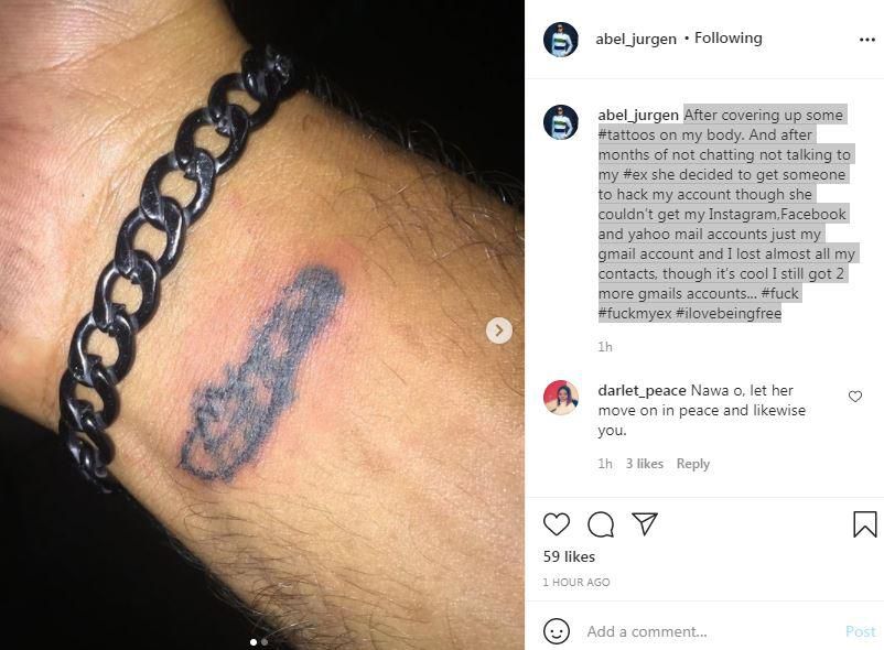 abel jurgen covers up tattoo of his former fiancee cossy orjiakor [Instagram/AbelJurgen]