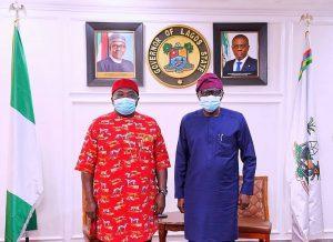 Abia State Governor, Dr. Okezie Ikpeazu (left) with Lagos State Governor, Mr Babajide Sanwo-Olu, during his courtesy visit at Lagos House, Alausa, on Wednesday, Nov. 11, 2020. [Twitter/@followlasg]
