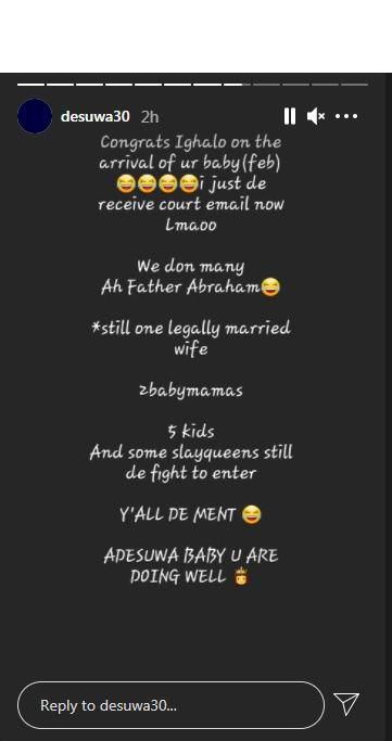 sonia ighalo congratulates Odion Ighalo on the arrival of his child [Instagram/Desuwa30]