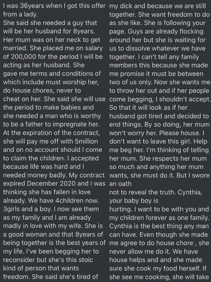 Man in tears as 8-year contract marriage expires & freedom-loving wife wants him to sack her