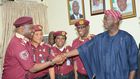 The Corps Marshal of the Federal Road Safety Corps (FRSC), Boboye Oyeyemi and members of the of the corps during their courtesy visit to the Minister of Works and Housing, Babatunde Fashola in 2015. (LIB)
