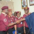 The Corps Marshal of the Federal Road Safety Corps (FRSC), Boboye Oyeyemi and members of the of the corps during their courtesy visit to the Minister of Works and Housing, Babatunde Fashola in 2015. (LIB)
