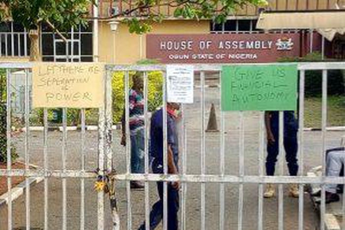 The entrance of Ogun House of Assembly Complex shut by PASAN on Tuesday in Abeokuta. [NAN]