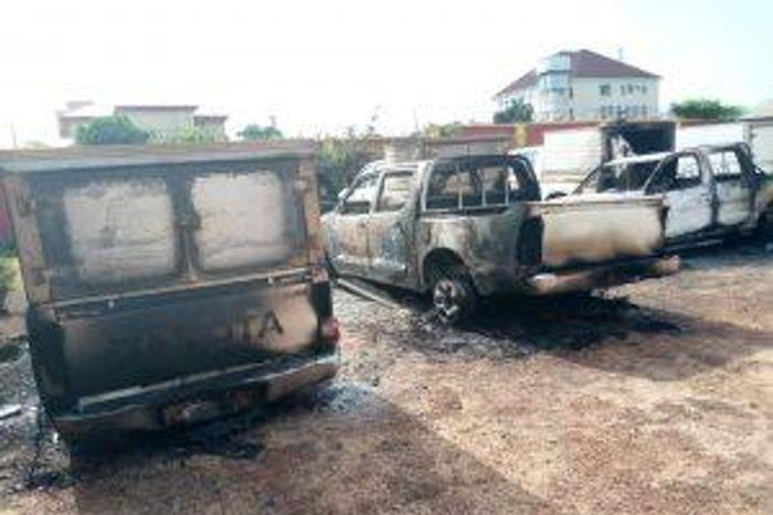 Some of the burnt vehicles at INEC office in Akwa. [NAN]