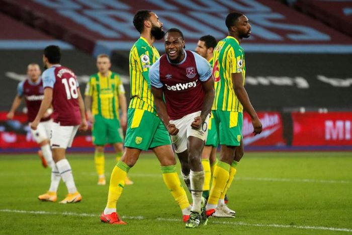 West Ham forward Michail Antonio celebrates scoring against West Brom