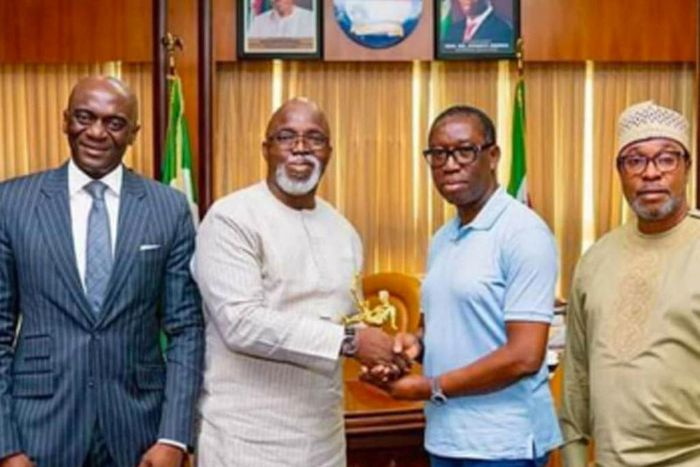 Amaju Pinnick (2nd from left) and Gov Okowa (2nd from left) at an event (ThisDay)