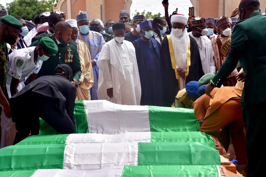 Minister of Defence, retired Maj-Gen Bashir Magashi (M) Chief of Staff to the President, Prof Ibrahim Gambari (4th R) Sultan of Sokoto, Alhaji Sa’ad Abubakar (3rd R) President of the Senate Ahmed Lawan (2nd R) Gov. Babagana Zulum of Borno State (4th L)...