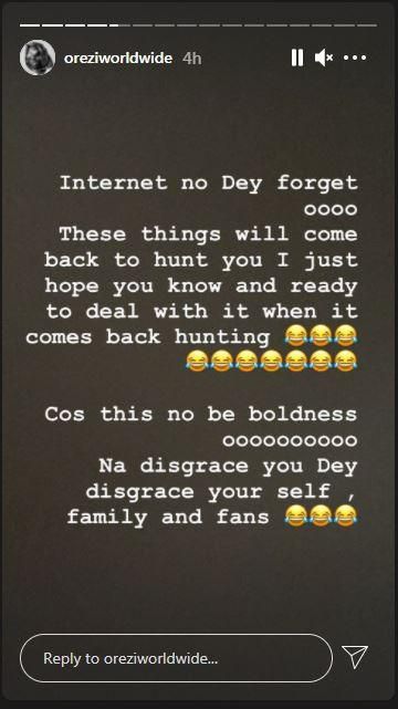 The music star expresses shock at the comments made by the housemates. [Instagram/OreziWorldWide]