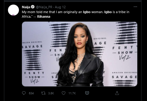 Fact Check: The widely circulated quote of Rihanna claiming to be Igbo is false (Twitter/Naija_PR)