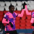 Moise Kean (L) takes the congratulations after scoring PSG's winning goal against Nice