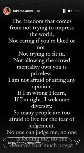 The media personality reacts after controversial comments about Kelly Clarkson's divorce settlement. [Instagram/TokeMakinwa]