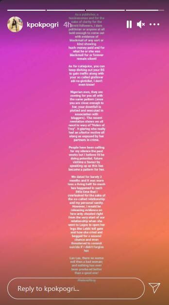 Kpokpogri says the movie star threatened to kill herself after he caught her cheating.