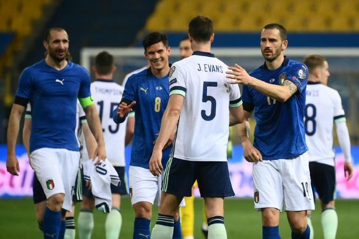Italy midfielder Matteo Pessina (C) and defender Leonardo Bonucci (R) both contracted coronavirus on international duty.