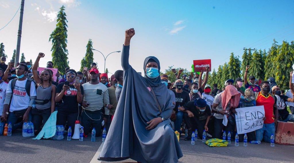 Nigerian activist, Aisha Yesufu's picture became an icon of the #EndSARS protests in October during the protest against police britality in Nigeria.  (Premium Times)