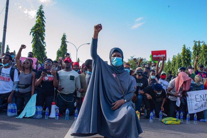 Nigerian activist, Aisha Yesufu's picture became an icon of the #EndSARS protests in October during the protest against police britality in Nigeria.  (Premium Times)