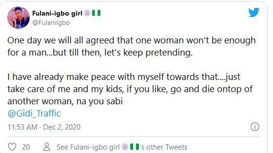 “One day we’ll all agree that one woman won’t be enough for a man” - Pretty lady predicts