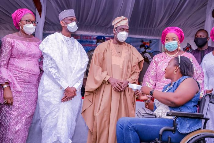 (1st Left) Representative of the Minister of Humanitarian Affairs, Disaster Management and Social Development, The Permanent Secretary of the Ministry, Bashir Nura Alkali, (2nd Left) The Deputy Governor, Lagos State, Dr. Kadiri Obafemi Hamzat, (3rd Lef...