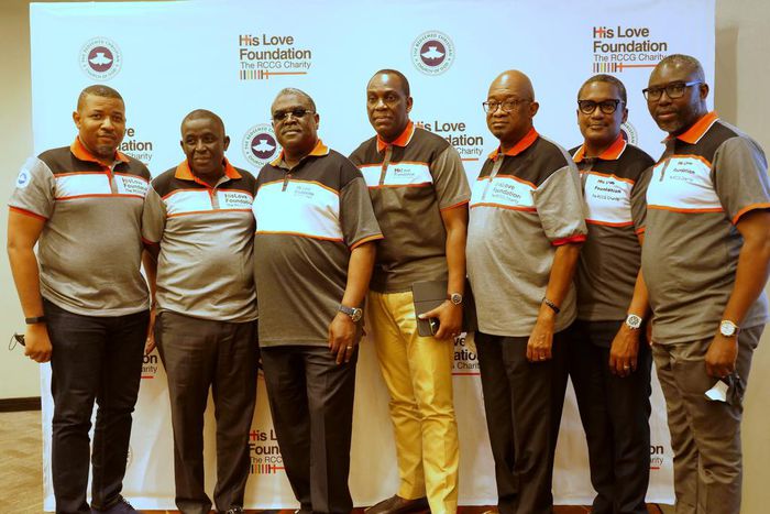 L-R :Pastor Segun Opaleyi;Pastor Detola Akinremi;Pastor Idowu Iluyomade;Pastor Trevor Akindele;Pastor Africanus Sam-Epelle;Pastor Adeyemo;Pastor Lanre Oyegbola;all of Redeemed Christian Church Of God(RCCG) during His Love Foundation(HLF) World Press co...