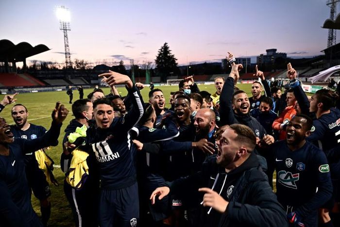 Fourth tier Rumilly-Vallieres players celebrate after making the French Cup semi-finals