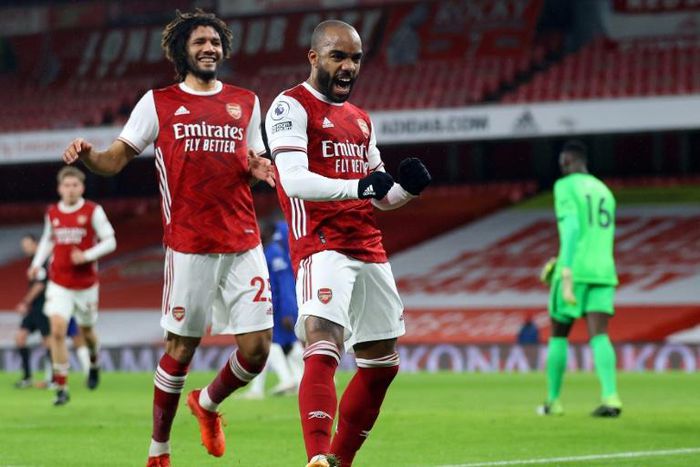 Arsenal striker Alexandre Lacazette celebrates scoring against Chelsea
