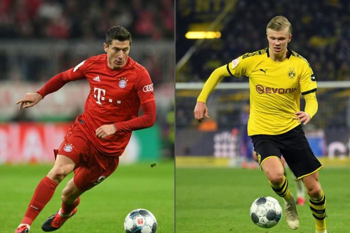 Bayern Munich's Poland striker Robert Lewandowski (L) goes head-to-head with Dortmund's Norway star Erling Braut Haaland on Saturday