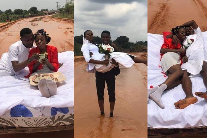 Photos: Couple protests bad road by celebrating honeymoon on untarred stretch
