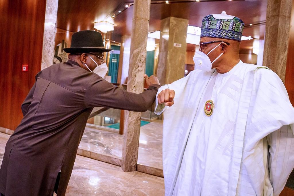 President Muhammadu Buhari receives former President, Goodluck Jonathan in Aso Rock. [Twitter/@BashirAhmaad]