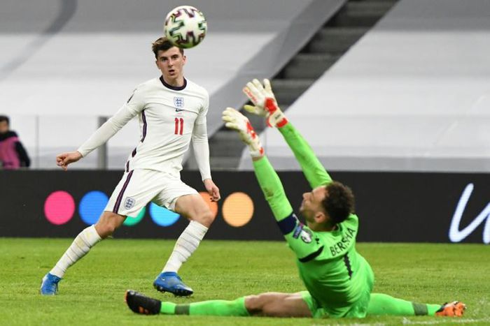 Mason Mount scores England's second goal in their 2-0 win against Albania