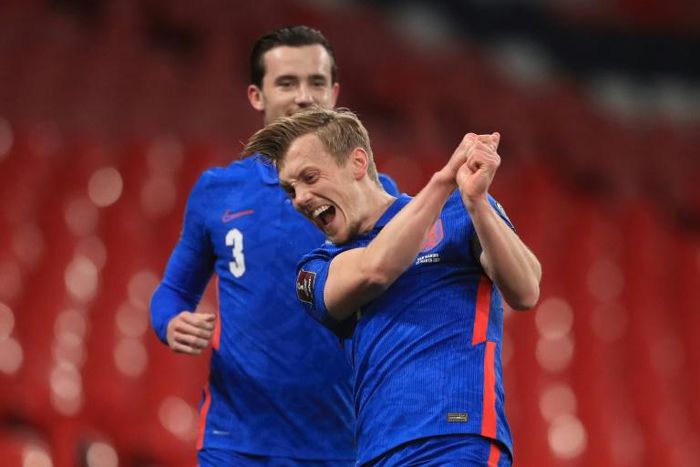 England midfielder James Ward-Prowse (R) celebrates scoring against San Marino