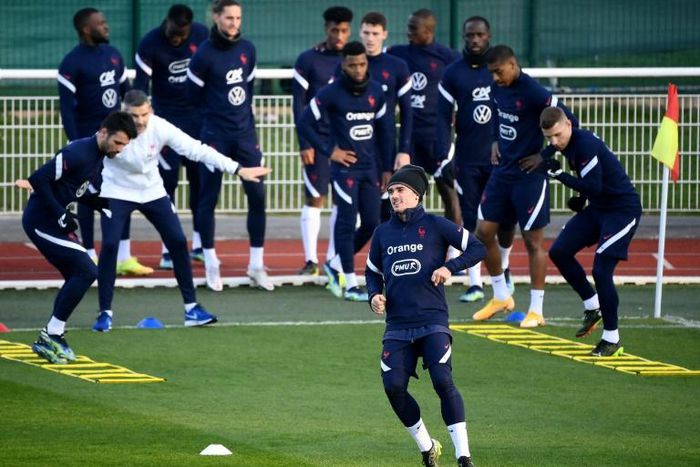 Antoine Griezmann (front) and his France teammates in training this week ahead of the start of World Cup qualifying