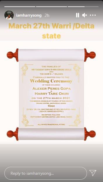 Harryson's wedding invitation card [Instagram/IamHarrysong]
