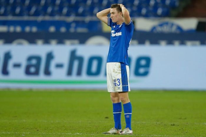 Matthew Hoppe reacts after Schalke conceded a last-gasp goal in Wednesday's 2-1 home defeat by Cologne